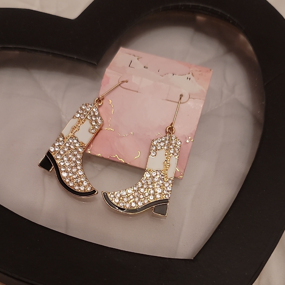 Leith Gold and White Boot COWGIRL Earrings